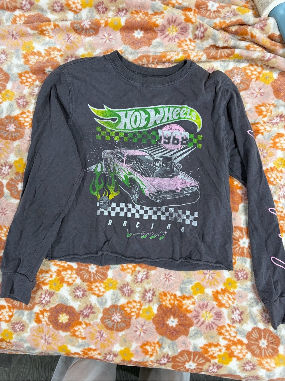 Hot Wheels Charcoal Long Sleeve Tee with Pink & Green Racing Graphic